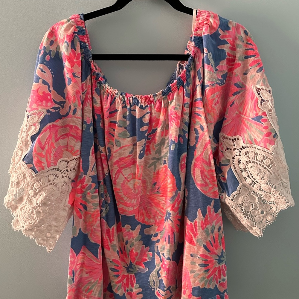 Lilly Pulitzer Pink and Blue Floral Blouse with Lace Sleeves